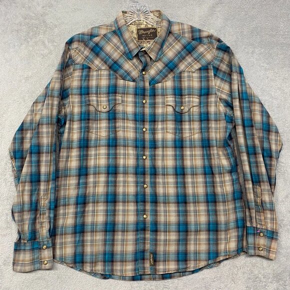 Wrangler Shirt Mens Extra Large Blue Retro Pearl Snap Plaid Western Cowboy - Picture 1 of 8